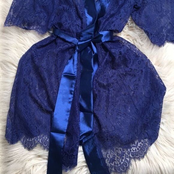 Fredericks Of Hollywood Blue Lace & Satin Robe With Belt Size Large - Picture 2 of 7